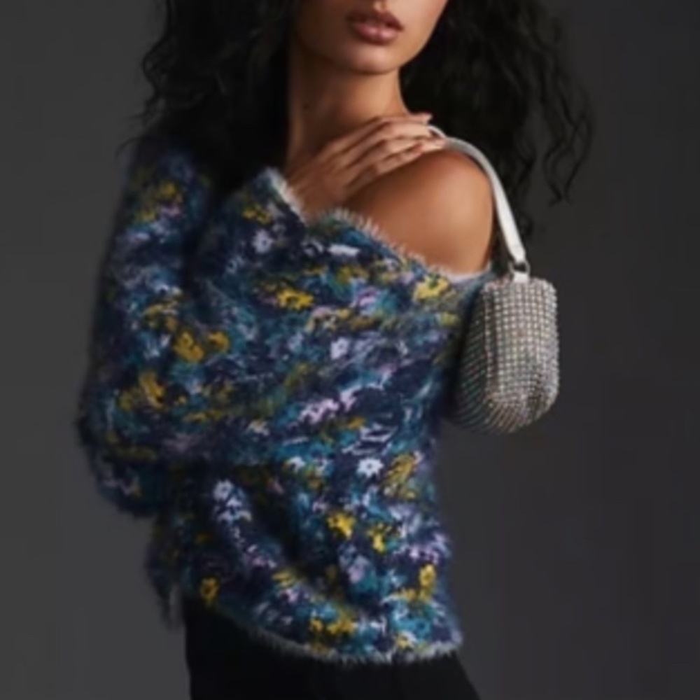 NWT Pilcro Anthropologie Floral Eyelash Fuzzy Cropped Sweater XS